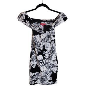 Guess Womens Sz XS Black White Floral Off The Shoulder Mini Dress